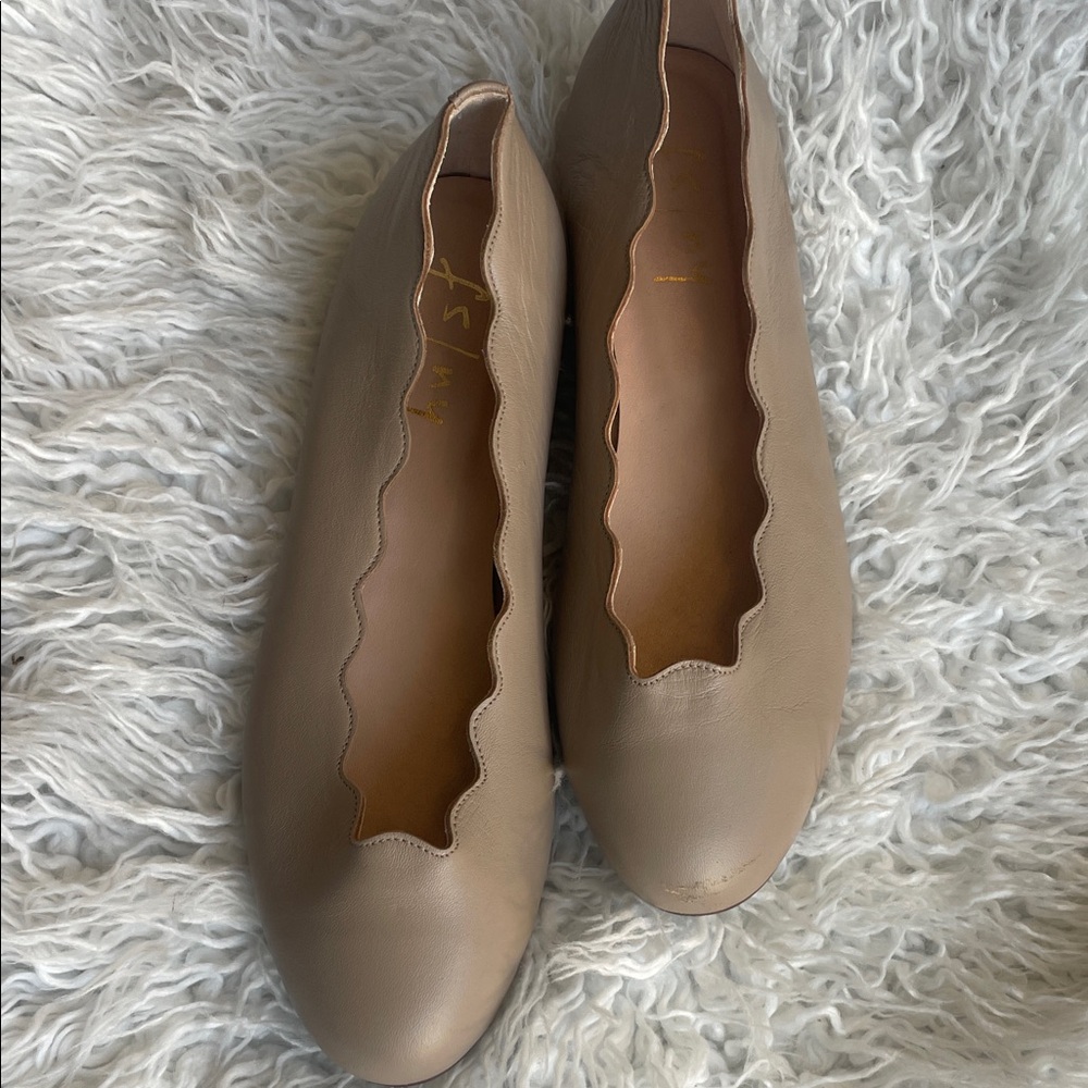 French Sole Taupe Leather Flats with Scalloped Trim designer inspired look
